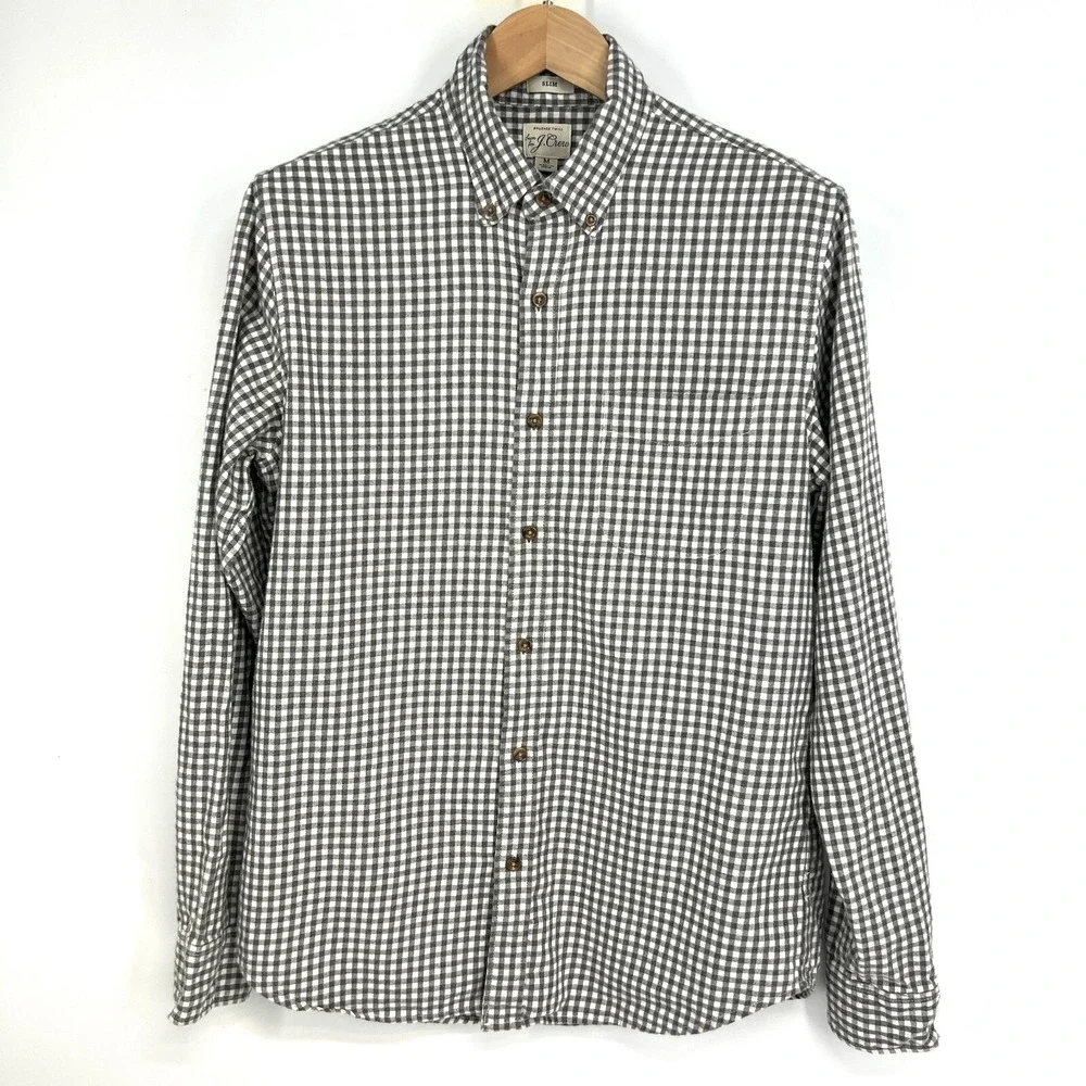 J.Crew Brushed Twill Slim Fit Button Down LS Shirt Mens Size M Gray White Check